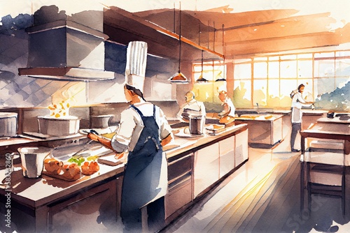 Fototapeta Naklejka Na Ścianę i Meble -  Watercolor Illustration of a Professional Modern Kitchen In A Restaurant. Generative AI
