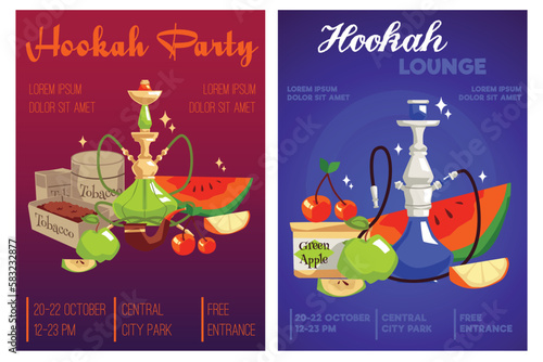 Hookah party and lounge invitation posters set, flat vector illustration.