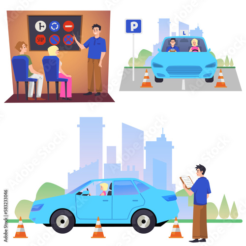 Driving instructor conducts lessons and exams at school flat vector isolated.