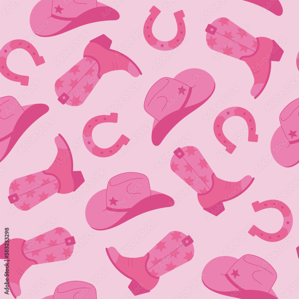 Seamless pattern wild west. Cowgirl vector elements repeating on a pink