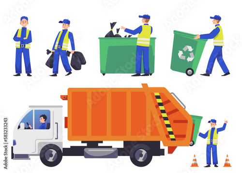 Man collects garbage bags and loads trash bins in truck, flat vector illustration isolated on white background.