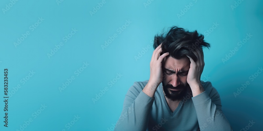 Portrait of a Man Depressed and Anxious on a Blue Background with Copy Space (Generative AI) Portrait of a Man Depressed and Anxious on a Blue Background with Copy Space (Generative AI)