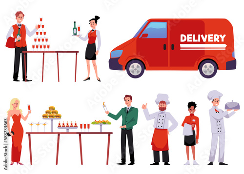 Catering service and food delivery, flat vector illustration isolated on white background.
