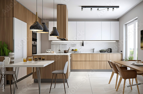 Generative AI illustration of Modern design kitchen furnished in various colors with all appliances and natural light