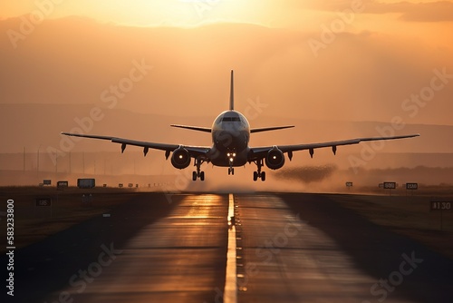  a large jetliner taking off from an airport runway at sunset or dawn with the landing gear down and the landing gear down, as the plane is about to take off.  generative ai photo