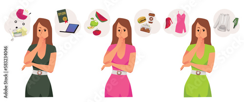Thoughtful woman choosing between career and family, healthy and junk food, comfy and elegant clothes.