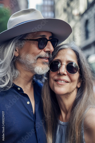Generative AI illustration of beautiful 60 year old couple with gray hair and hat on the streets of New York