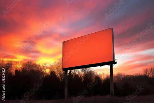 Bursts of color in the spring sky illuminated by vermillion skies of a glorious sunrise. Blank empty billboard mock up. AI generation.