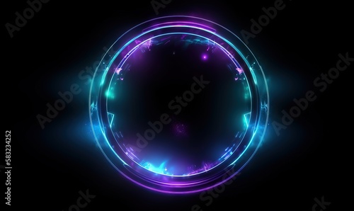  a circular neon frame on a black background with a blue and purple light in the middle of the frame and a black background with a blue and purple light in the middle.  generative ai