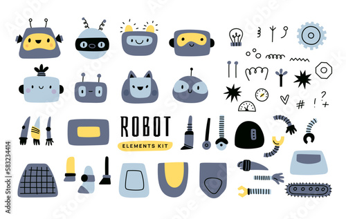 Robot elements kit. Funny kids cyborg details. Cute automation toy. Assemble yourself. Various heads and limbs. Android characters creation. AI machine constructor. Garish vector set