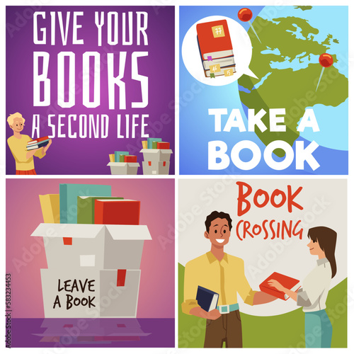 Bookcrossing banners for sharing used paper books, flat vector illustration.