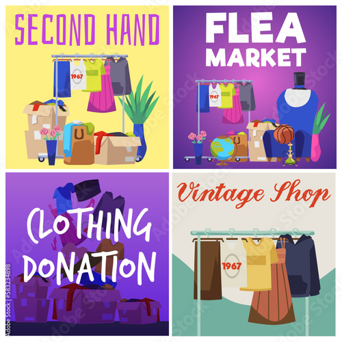Second hand, flea market, vintage shop and clothing donation posters set - flat vector illustration.