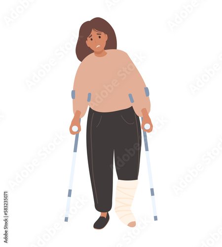 Woman with broken leg in gypsum. Sad patient with foot injury during recovery. Person with trauma sling after accident. Bandaged injury concept