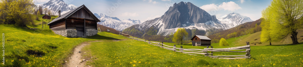 Idyllic mountain landscape in the  with blooming meadows in springtime,Generative AI