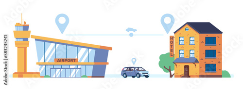 Shuttle from airport to hotel. Airplane arrival terminal and hostel building. Transport driving route. Location pins. Transportation of passengers and luggage to motel. Vector concept
