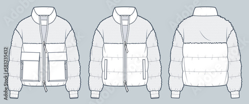 Down Jacket with fur trim technical fashion Illustration. Fur Jacket, Outerwear technical drawing template, zip-up, pocket, front and back view, white, women, men, unisex CAD mockup set. photo