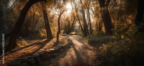 Sunlit path in a park before sunset,Generative AI