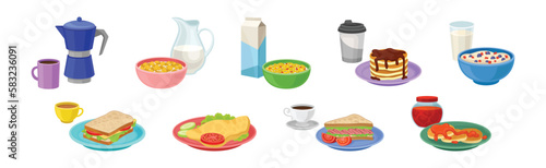 Breakfast Meal and Tasty Served Morning Food and Drinks Vector Set