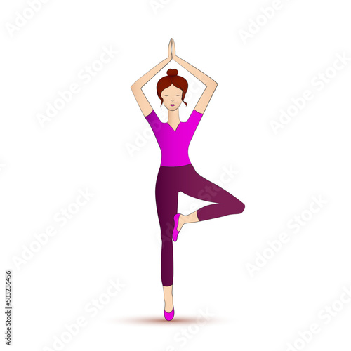 Girl doing vrikshasana yoga tree posture. Slim woman in vrksana hatha yoga tree pose, wearing pink.