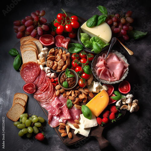 Antipasto platter with ham, prosciutto, salami, cheese, tomato, strawberries and vegetables on dark background. Appetizers table with italian antipasti snacks. Top view. Generative AI.