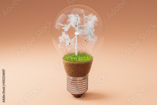 Fototapeta Naklejka Na Ścianę i Meble -  single lightbulb with minature wind turbine inside; green soil and clouds; renewable clean energy concept; infinite background; 3D Illustration