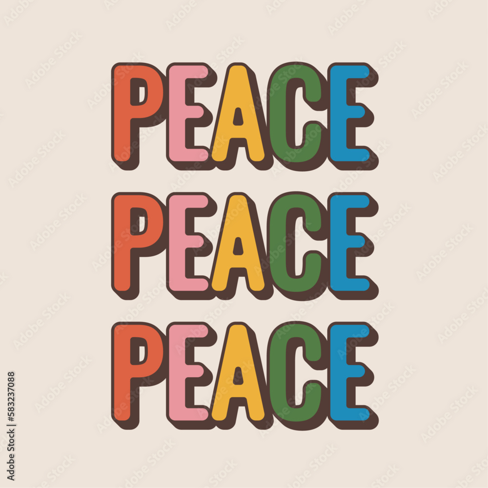 Peace lettering. Retro groove inscription. Retro 70s, cute funky hippie. 
