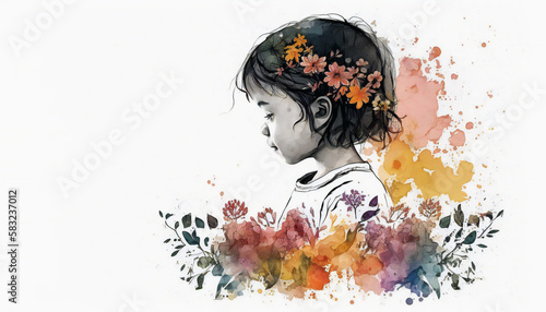 Child Surrounded by Blooming Flowers, isolated on white background - watercolor style illustration background by Generative Ai