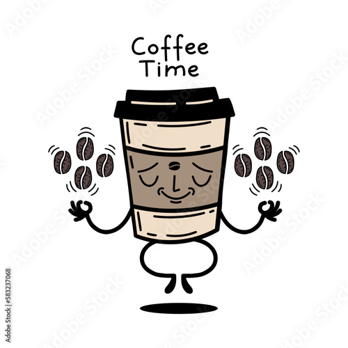 Cartoon coffee cup with beans meditation yoga pose. Coffee time Isolated on white. Stock vector illustration.
