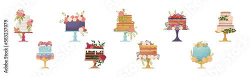 Creamy Tier Cake Decorated with Flowers and Berries Standing on Pedestal Cake Plate Vector Set
