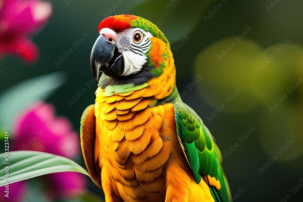 Suriname amazon parrot in the treetops in a tropical rainforest, bright flowers and leaves, exotic plants, vines. Wildlife concept of ecological environment. Generative AI