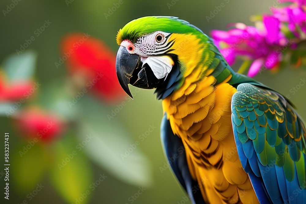 Suriname amazon parrot in the treetops in a tropical rainforest, bright flowers and leaves, exotic plants, vines. Wildlife concept of ecological environment. Generative AI Suriname amazon parrot in the treetops in a tropical rainforest, bright flowers and leaves, exotic plants, vines. Wildlife concept of ecological environment. Generative AI