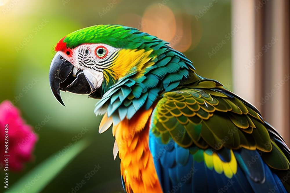 Suriname amazon parrot in the treetops in a tropical rainforest, bright flowers and leaves, exotic plants, vines. Wildlife concept of ecological environment. Generative AI