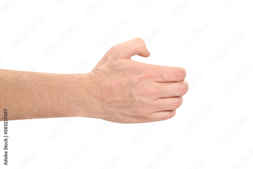 Male hand holding something, cut out