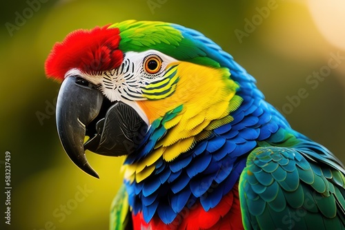 Suriname amazon parrot in the treetops in a tropical rainforest, bright flowers and leaves, exotic plants, vines. Wildlife concept of ecological environment. Generative AI photo