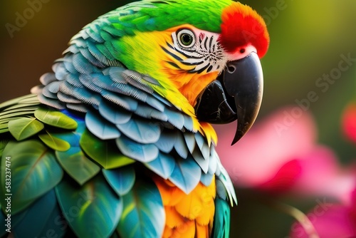 Suriname amazon parrot in the treetops in a tropical rainforest, bright flowers and leaves, exotic plants, vines. Wildlife concept of ecological environment. Generative AI © mikhailberkut
