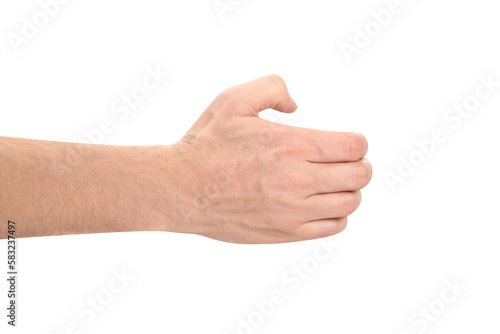 Male hand holding something, cut out