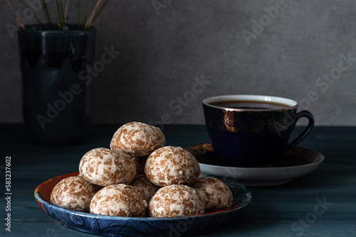 Russian traditional gingerbread on a plate on a wooden table.