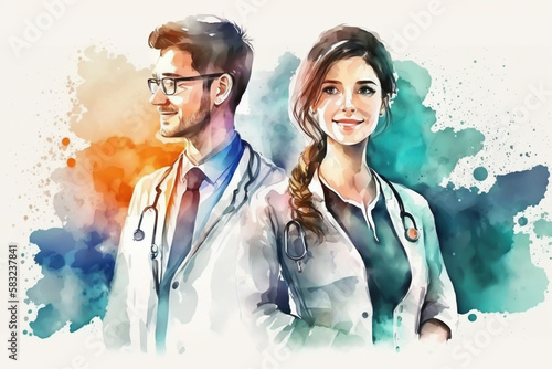 Doctor and woman doctor in watercolor art for international health day, generative ai