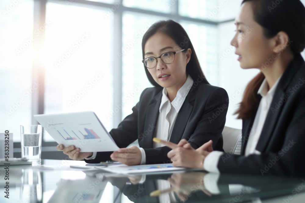 Business woman financial consultant discuss data from company, generative ai Business woman financial consultant discuss data from company, generative ai