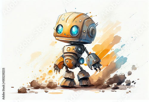 Watercolor Illustration of a Character Design Of Little Cute Robot On Isolated Background. Generative AI © Pixel Matrix