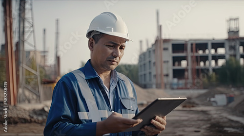portrait of a engineer with a tablet computer at a construction site, no real person, generative ai