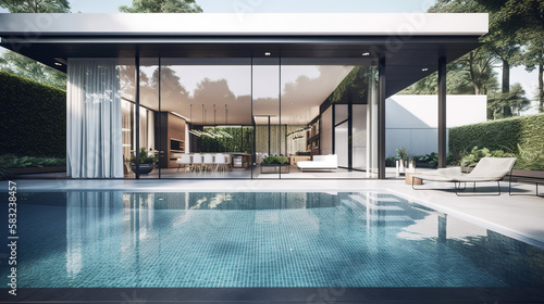 Modern Architectural House with Large Glass Surfaces and a Huge Pool - Generative AI © DanielMendler