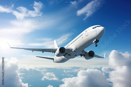  a large jetliner flying through a blue sky with white clouds below and a bright blue sky with white clouds behind it and a blue sky with white clouds and blue sky with white.  generative ai