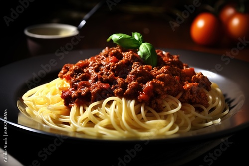 Spaghetti in bolognese sauce with cheese. Template for restaurants. Food photography. Generative AI