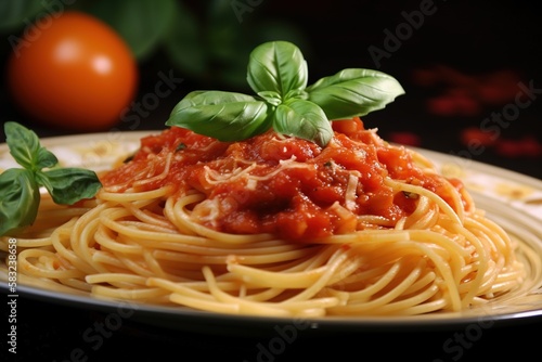 Spaghetti in tomato sauce with cheese. Template for restaurants. Food photography. Generative AI