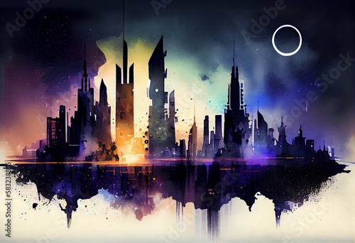 Watercolor Illustration of a Futuristic Night City Skyline. Generative AI
