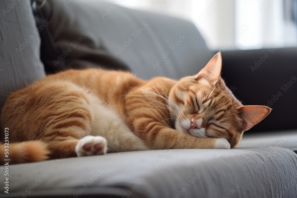 Zufriedene Katze schläft auf einem Sofa - Generative AI
