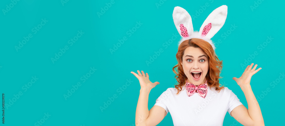 happy amazed easter woman in bunny ears and bow tie on blue background. Woman isolated face portrait, banner with mock up copyspace. happy amazed easter woman in bunny ears and bow tie on blue background. Woman isolated face portrait, banner with mock up copyspace.