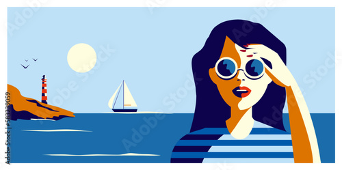 Vector illustration of a beautiful girl in sunglasses on the background of the sea in retro style.