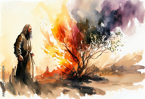 Watercolor Illustration of a Moses And The Burning Bush Painting Fototapet